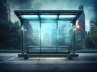 Obraz na płótnie Canvas Glass metal bus stop design with empty panel for billboard in futuristic city