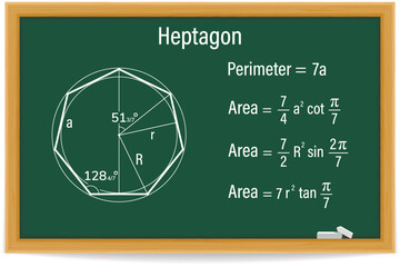 Heptagon. Perimeter and area on a green chalkboard. School. Math. Vector illustration.