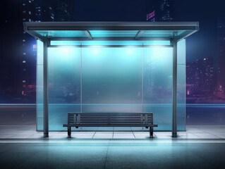 Glass metal bus stop design with empty panel for billboard in futuristic city