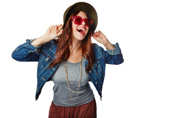 Laughing woman, fashion and sunglasses with hat or denim jacket isolated on a transparent png background. Happy female person, gen z or model with smile and face expression for cool casual clothing - Powered by Adobe