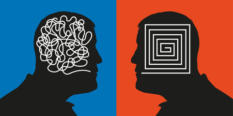 Concept montrant deux profils qui symbolisent des méthodes de raisonnement opposées avec un cerveau rationnel face à un esprit confus. - obrazy, fototapety, plakaty