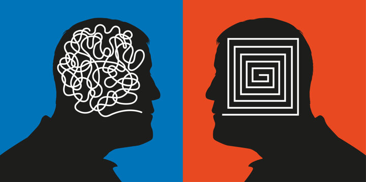 Concept montrant deux profils qui symbolisent des méthodes de raisonnement opposées avec un cerveau rationnel face à un esprit confus.