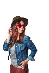 Fashion, hipster and sunglasses with woman on transparent background for trendy, vintage and retro....