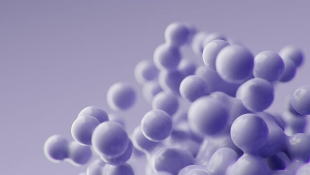 Slow motion abstract 3D render animation flying purple violet metaballs ads background business presentation medicine backdrop moving spheres dynamic wallpaper meta balls molecules particles template