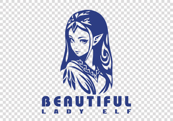 Vector logo. Monochrome portrait of a beautiful young fairy elf girl. Forest pretty lady enchantress. Isolated background.