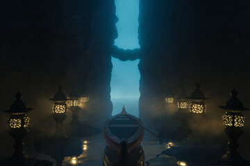 3D rendering of a cave shrine illuminated by lantern