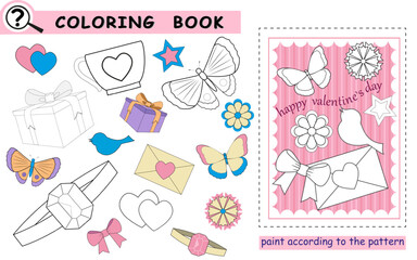 Logic games, coloring book for children with colorful samples. Valentine's day attributes. Vector illustration