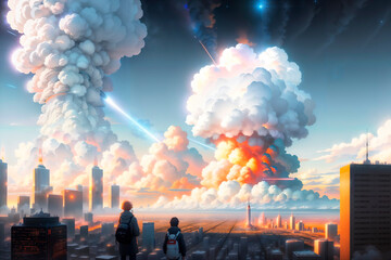 A small figure of a man looks at a giant nuclear explosion. Generative AI