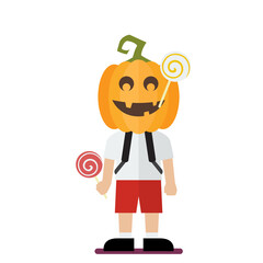 Boy wearing a pumpkin head costume