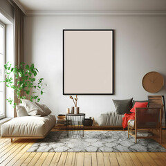 a mockup of an empty, blank poster, frame empty, in a bohemian Living Room with generative Ai.