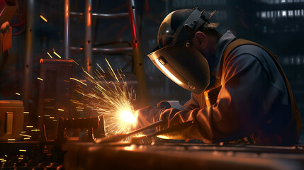 working welder performs welding work in the workshop, welding, production background, fantasy, generated in AI