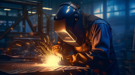working welder performs welding work in the workshop, welding, production background, fantasy, generated in AI