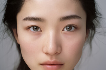 Fototapeta premium Beautiful Asian Woman, Close up on her face with Smooth skin look at the camera on a White background in Studio light. generative AI