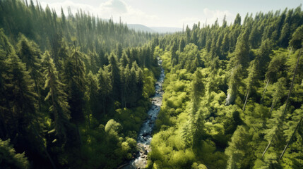 Greenery nature forest landscape from bird's eye view. Made by (AI) artificial intelligence.