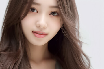 Obraz premium Beautiful Asian Woman, Close up on her face with Smooth skin look at the camera on a White background in Studio light. generative AI