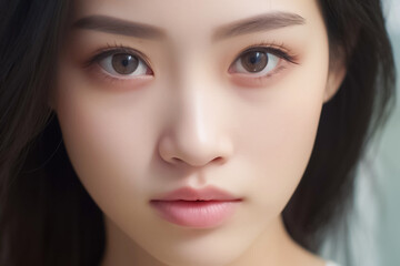 Fototapeta premium Beautiful Asian Woman, Close up on her face with Smooth skin look at the camera on a White background in Studio light. generative AI