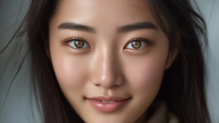 Obraz premium Beautiful Asian Woman, Close up on her face with Smooth skin look at the camera on a White background in Studio light. generative AI
