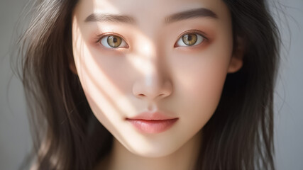 Fototapeta premium Beautiful Asian Woman, Close up on her face with Smooth skin look at the camera on a White background in Studio light. generative AI