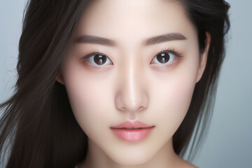 Obraz premium Beautiful Asian Woman, Close up on her face with Smooth skin look at the camera on a White background in Studio light. generative AI