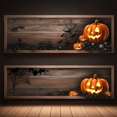 Halloween banner or party invitation background with clouds, bats and pumpkins.illustration