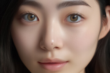 Fototapeta premium Beautiful Asian Woman, Close up on her face with Smooth skin look at the camera on a White background in Studio light. generative AI