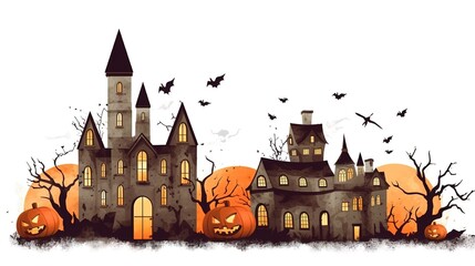 Fototapeta premium Halloween banner or party invitation background with clouds, bats and pumpkins.illustration