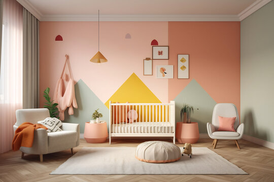 Modern baby room in pastel colors, wooden detail and baby interior