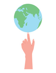 Cartoon Human hand spinning the planet earth on the index finger. Vector flat isolated illustration pointing a finger at the globe.