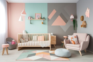 Modern baby room in pastel colors, wooden detail and baby interior