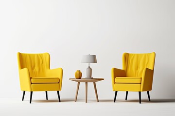 Obraz premium On a white background, there are solitary, flying, solid yellow chairs with hard seats. An example of furniture that is for sale. minimalistic but realistic style. Generative AI
