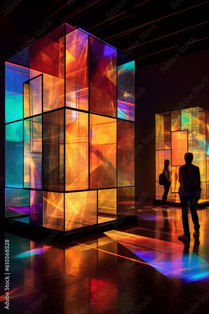 Poster a mixed media installation combining geometric elements with light projections, generative ai techno