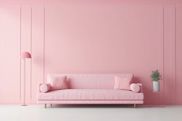 Fototapeta na wymiar pink living room with trendy sofa. minimalist design idea style in pastel tones. Generative AI