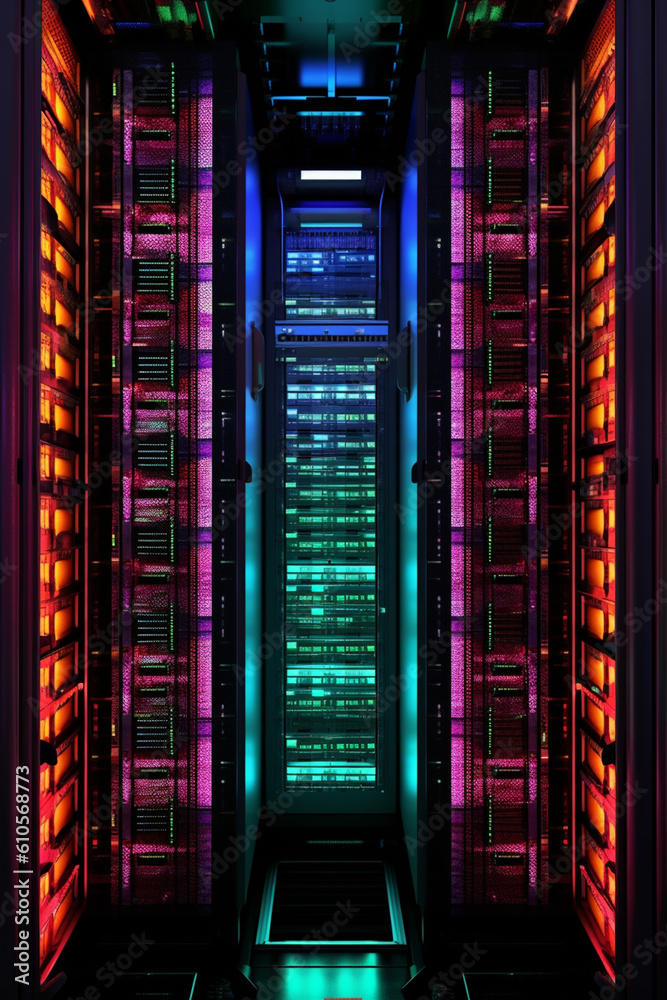Poster modern database server rack with rows of neatly organized servers, featuring a sleek design and blin