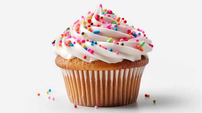 Cupcake with frosting and sprinkles on white