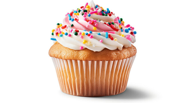 Cupcake with frosting and sprinkles on white