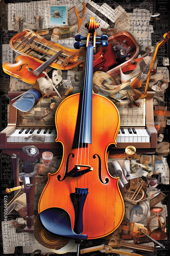 Aufkleber  A collage artwork combining musical notes, sheet music, and instrument illustrations, creating a visually stimulating composition  Generative AI technology.