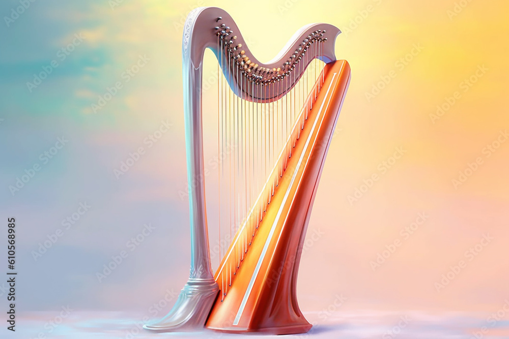 Poster a digital illustration of a harp, with ethereal colors and delicate lines, symbolizing the angelic a