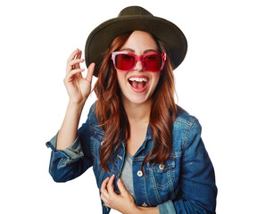 Portrait, hat and excited woman with sunglasses isolated on a transparent png background. Face,...