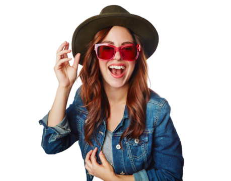 Portrait, hat and excited woman with sunglasses isolated on a transparent png background. Face, clothes and female person, model or girl from Australia with trendy fashion, style and cool clothing.