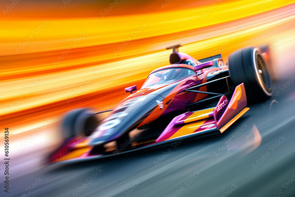 Poster a dynamic photograph capturing the side view of a racing car speeding down a track, with blurred mot