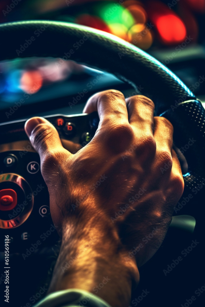 Poster a close-up photograph of a driver's hands gripping the steering wheel of a racing car, with the focu