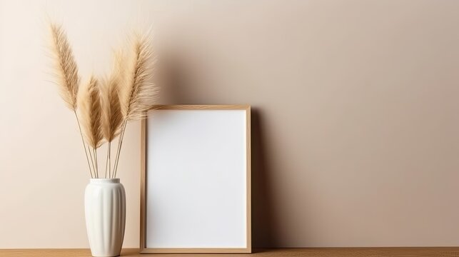A modern room with a standing, empty vertical picture frame. interior design mockup in a modern aesthetic. Free photo copy space. Vase of pampas grass with a candle. Generative AI