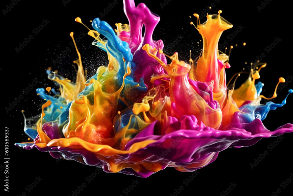 Poster  A high-speed photograph capturing a vibrant mix of colored liquids splashing in mid-air, creating an explosion of color and motion. Generative AI technology.