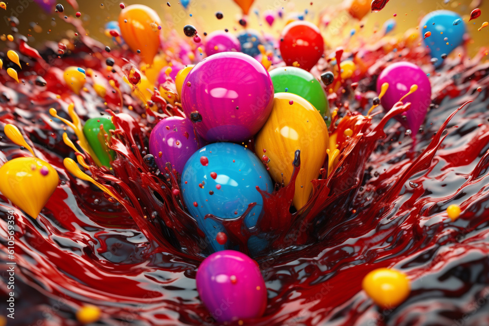 Leinwandbilder  A composite image featuring multiple splashes of different colors converging at a central point, creating a visually mesmerizing and harmonious composition. Generative AI technology.