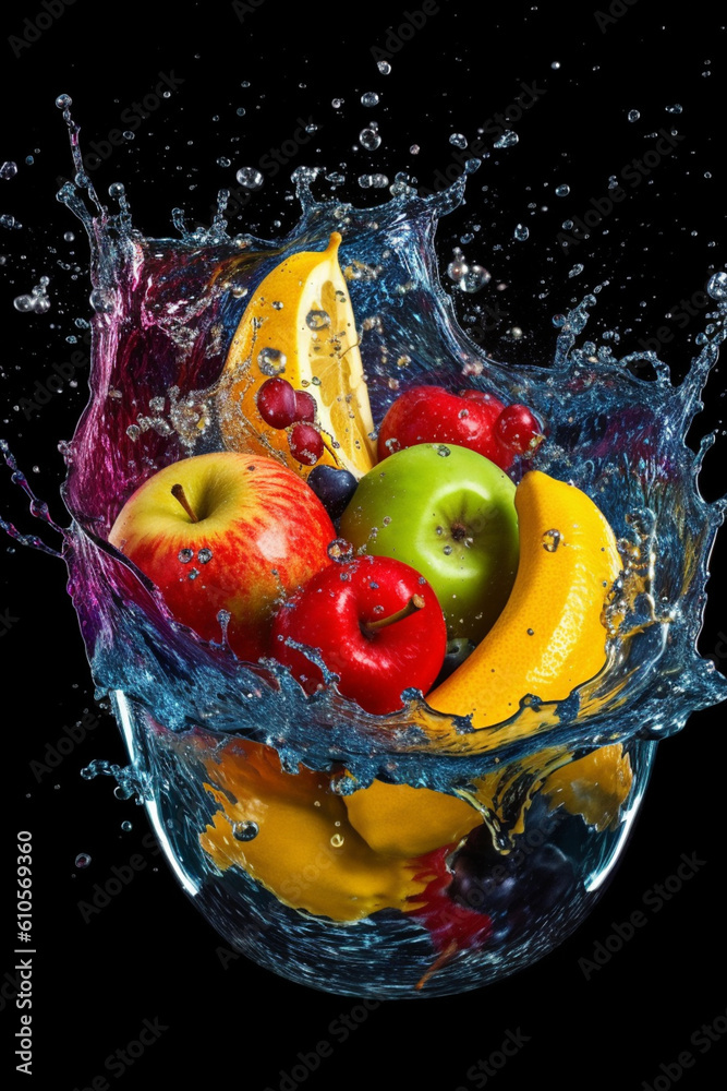 Poster  A high-speed photograph of a fruit being dropped into a container of colored water, capturing the moment of impact and the resulting colorful splash.  Generative AI technology.