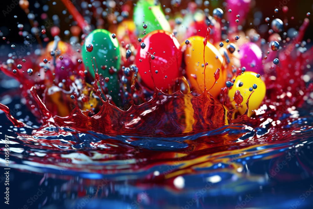 Poster A composite image of colorful liquid droplets falling and splashing onto a surface, capturing the moment of impact   Generative AI technology.