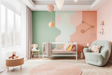Modern baby room in pastel colors, wooden detail and baby interior