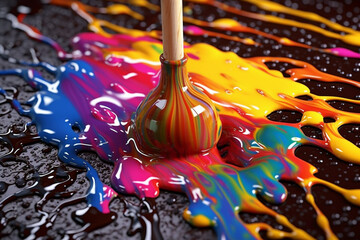  An artistic illustration of a paintbrush flicking droplets of different colored paint onto a canvas,  Generative AI technology.