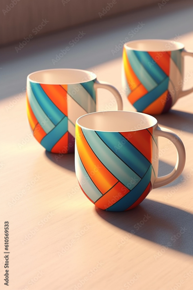 Poster a set of geometric-shaped ceramic mugs with sleek lines and geometric patterns, adding a touch of mo