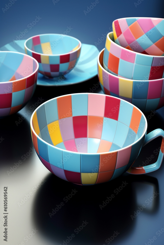 Aufkleber a set of geometric-inspired tableware, with plates, bowls, and serving dishes featuring geometric pa